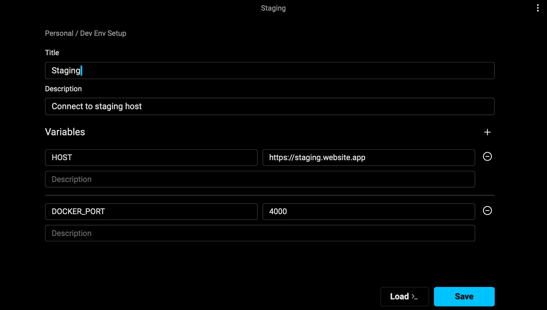 Saving a static environment variable with name and value pairs.